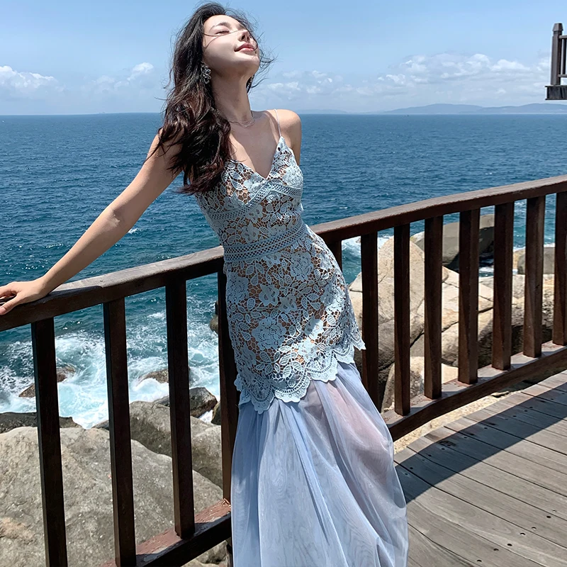 

Элегантное синее кружевное платье с вышивкой и бретелями для женщин, пляжное, приталенное, с регулируемой талией, съемное, длинное