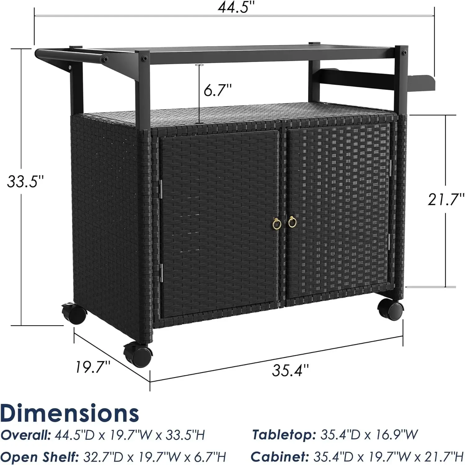 Mesa de bar al aire libre, carrito de bar de mimbre con gabinete, carrito de servicio para patio con tapa de vidrio templado, ruedas bloqueables, manija redondeada y S