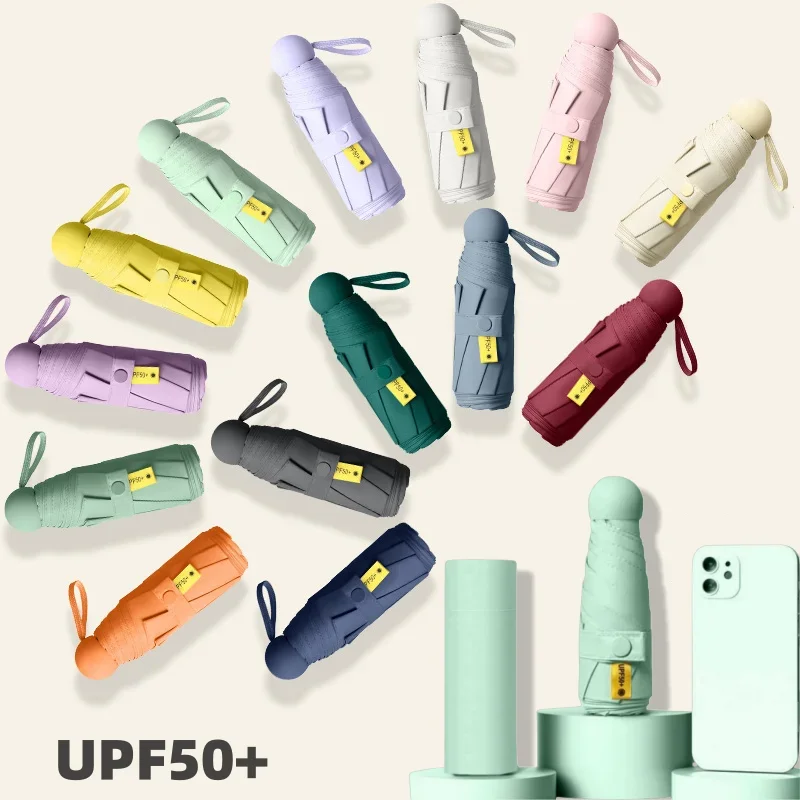 

UPF50+ Mini Capsule Folding Umbrella Vinyl Portable Sun Rain Umbrella UV Sunshade Small Pocket Parasol for Dual Use Protection