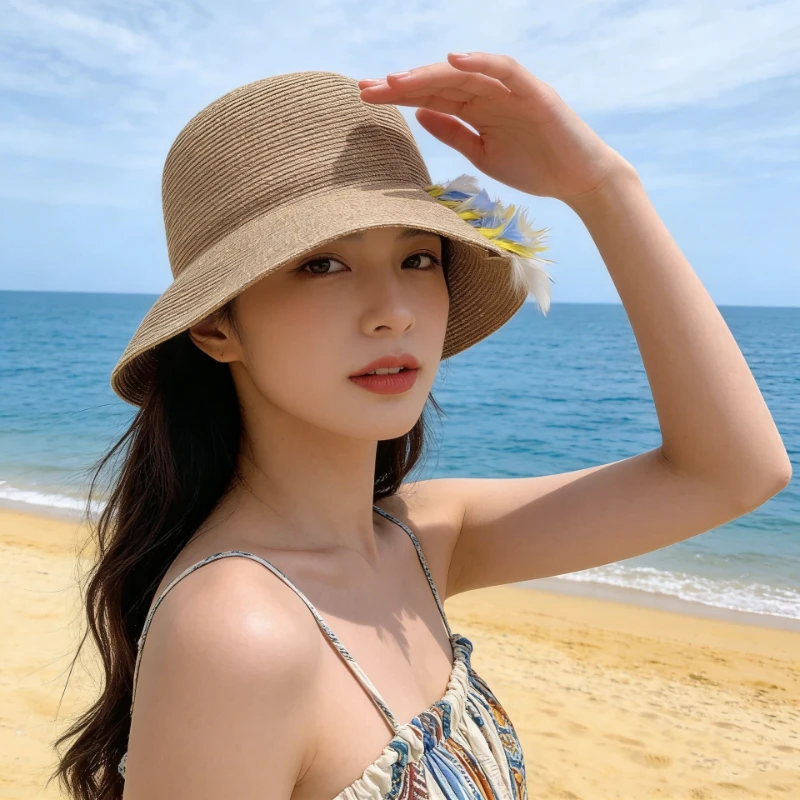 Natural Raffia Hand-woven Sun Hat for Women Summer Sun Protection UV Wide Brim Beach Straw Hat Korean Designer Block Hat