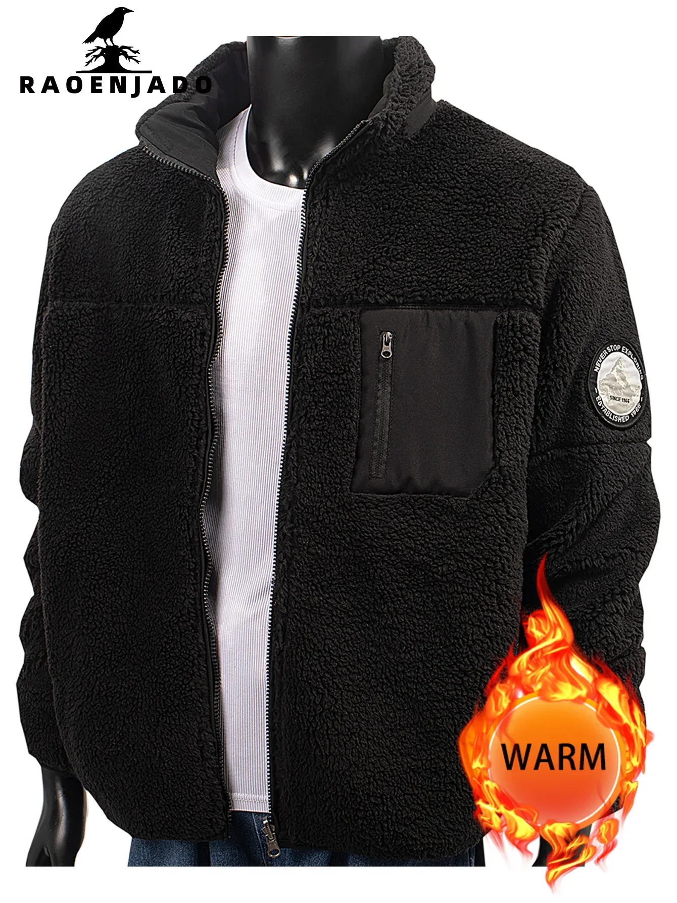 Men's Winter Fleece Jacket Solid Thickened Warm Coat Casual Stand Collar Daily Streetwear Outerwear for Outdoor Activities