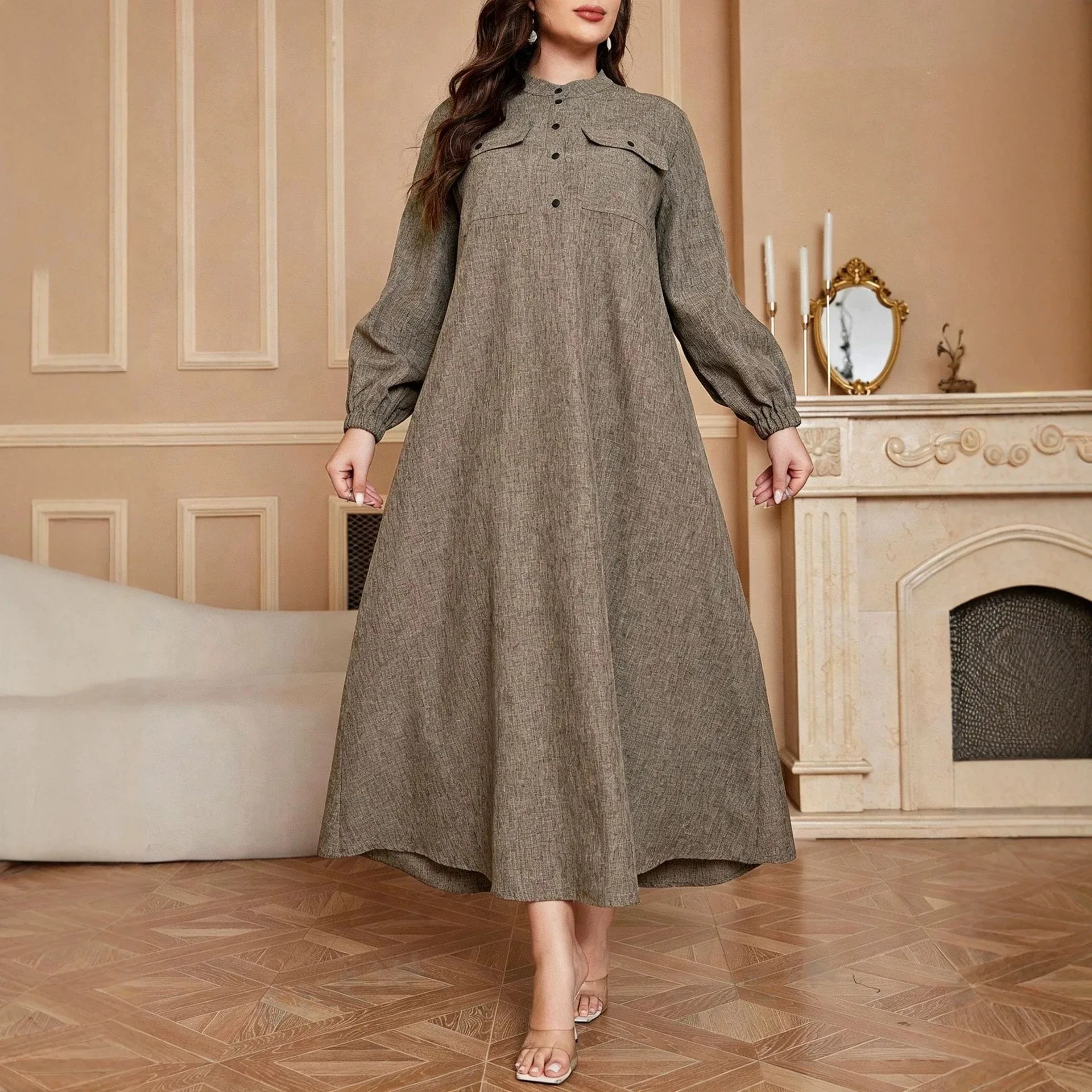 Plus-size Autumn Long Dress With Stand-up Collar, Half-button Closure, Lantern Sleeves, Pockets, A-line Long Skirt, Loose Fit To