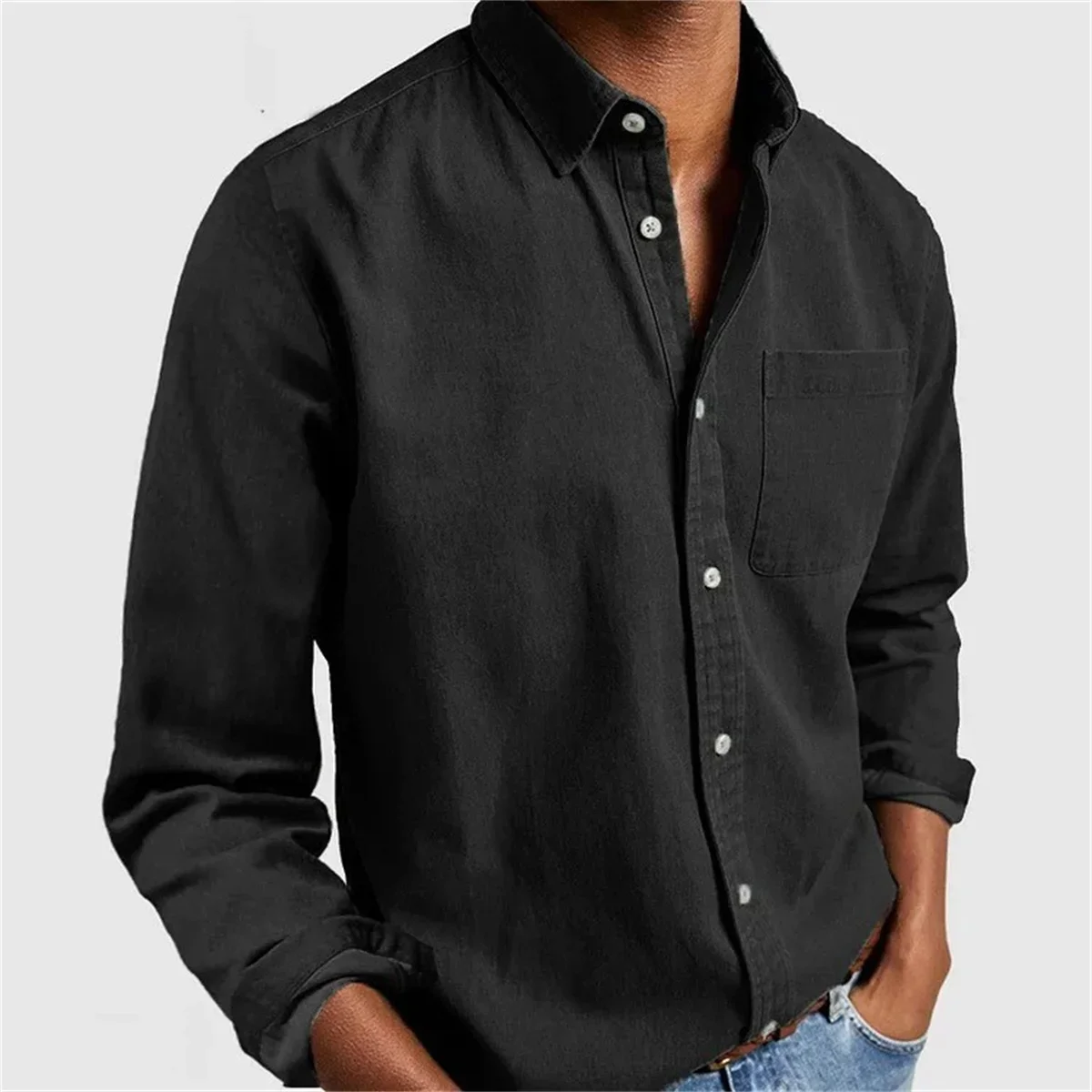 

Tiki Autumn Men's Hard High-end Simple Solid Color Cardigan Hawaii Vacation Casual Chest Pocket Men's Shirt