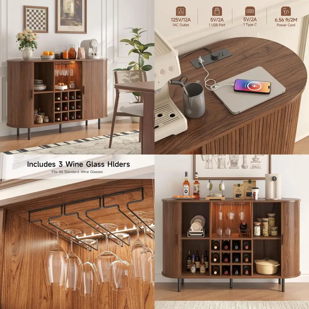 

55 Walnut Century Modern Bar Cabinet with LED Lighting, Storage, Wine Racks, and Charge Station