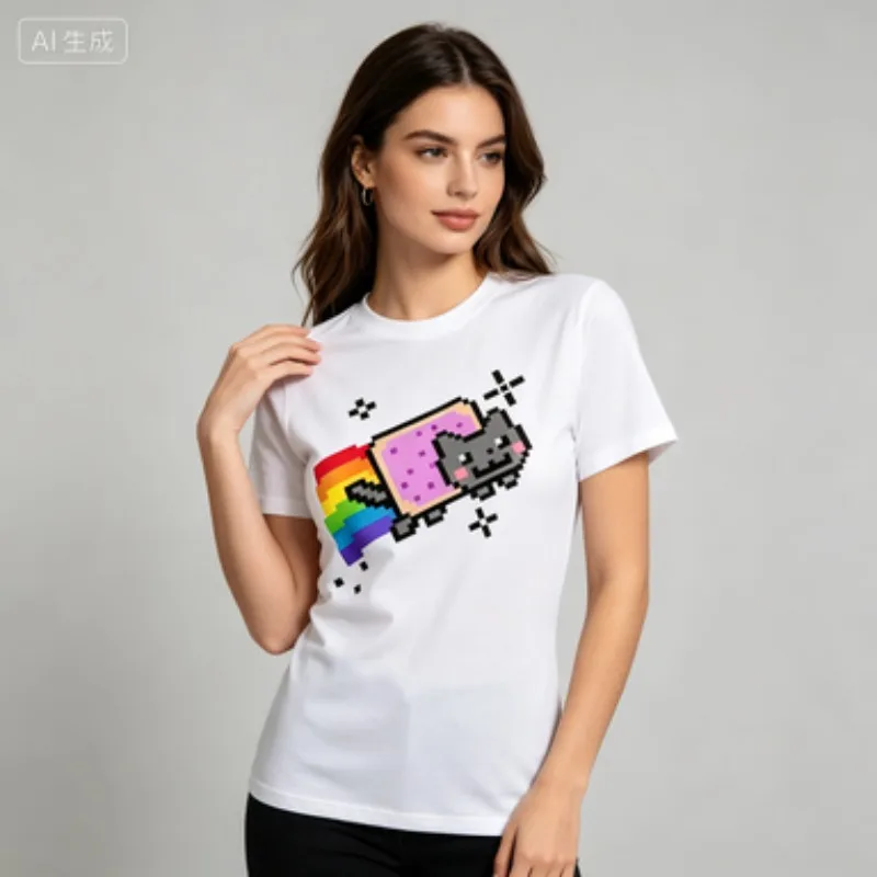 Colorful Pixel‑Style Flying Cat Rainbow Graphic Print Vintage Internet Pop Culture Theme Casual Daily Female Short Sleeve T