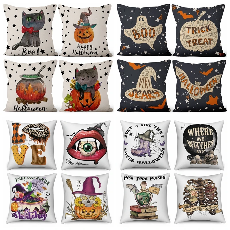 Halloween Pillow Cover Cats Pumpkin Bat Ghost Witch 45x45cm Cushion Cover Sofa Pillowcase Scary Halloween Party Gift Home Decor