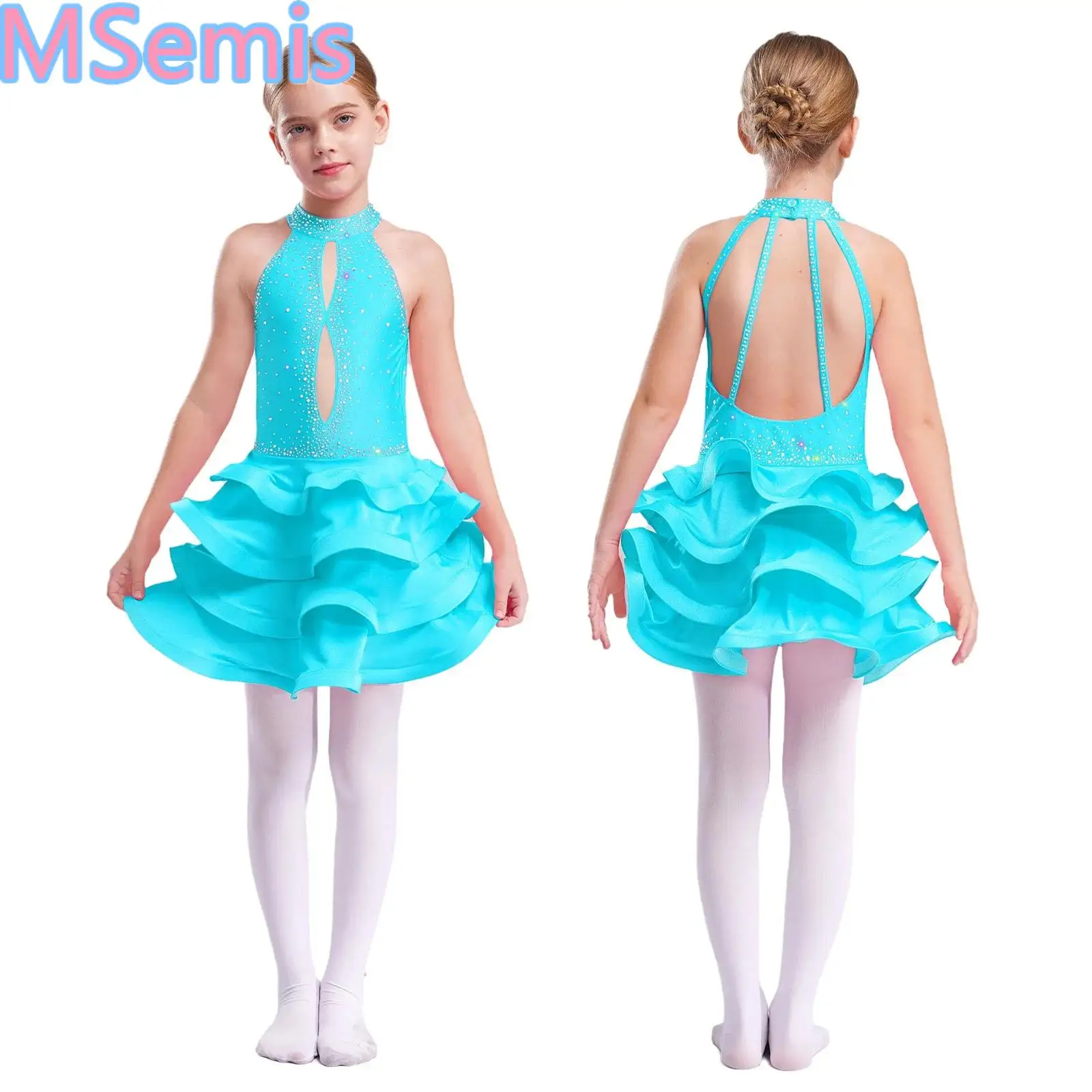 

Kids Girls Latin Tiered Dance Dress Performance Costume Sleeveless Backless Shiny Rhinestones Dress