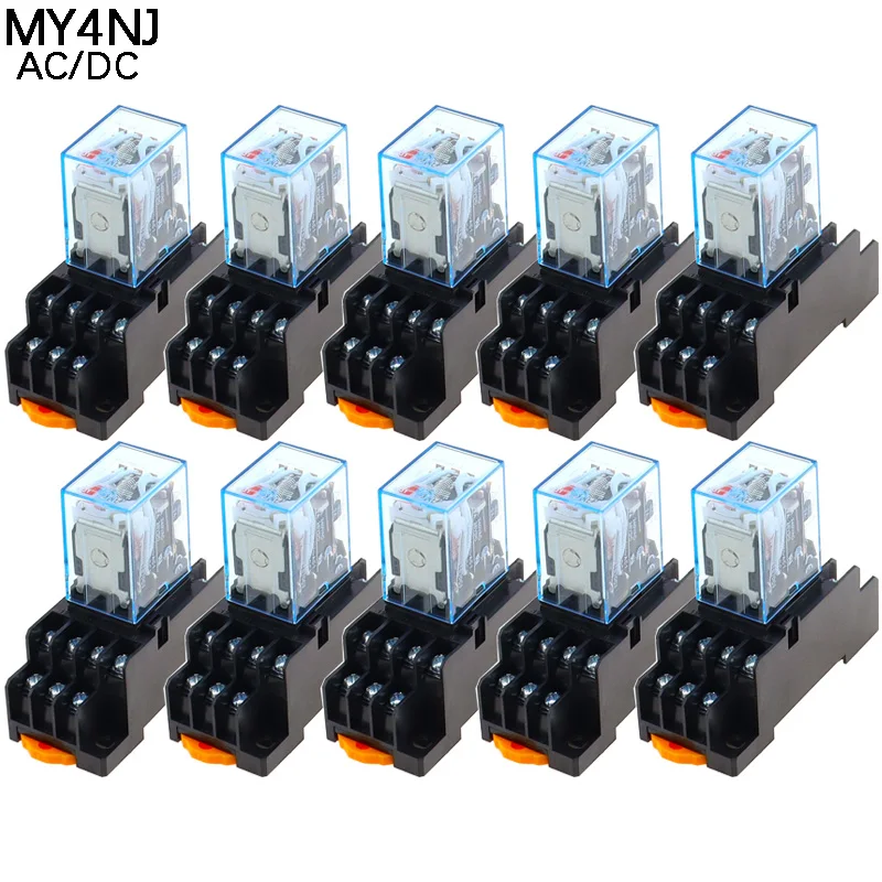 10PCS MY4NJ DC/AC 12V 24V 36V 48V 110V 220V Coil 5A 4NO 4NC Power Relay DIN Rail 14 Pin time relay with socket base