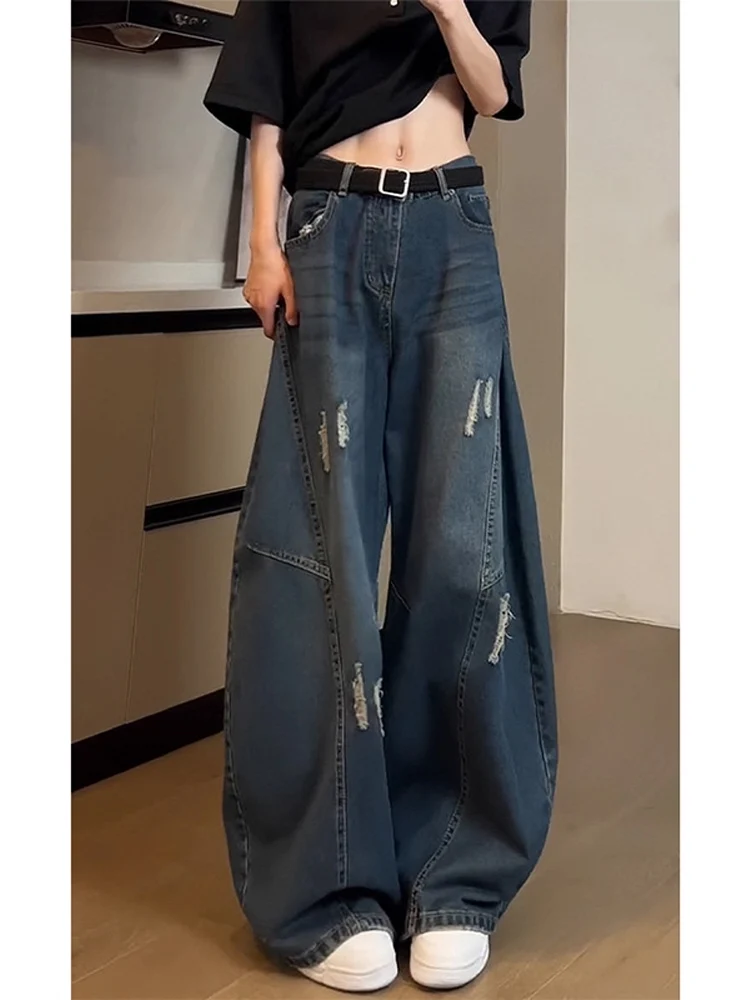 

Deep Blue Ripped Denim Jeans Men Women Autumn Deconstructed Patchwork Design Long Pants American High Street Slim Wide Leg Jeans