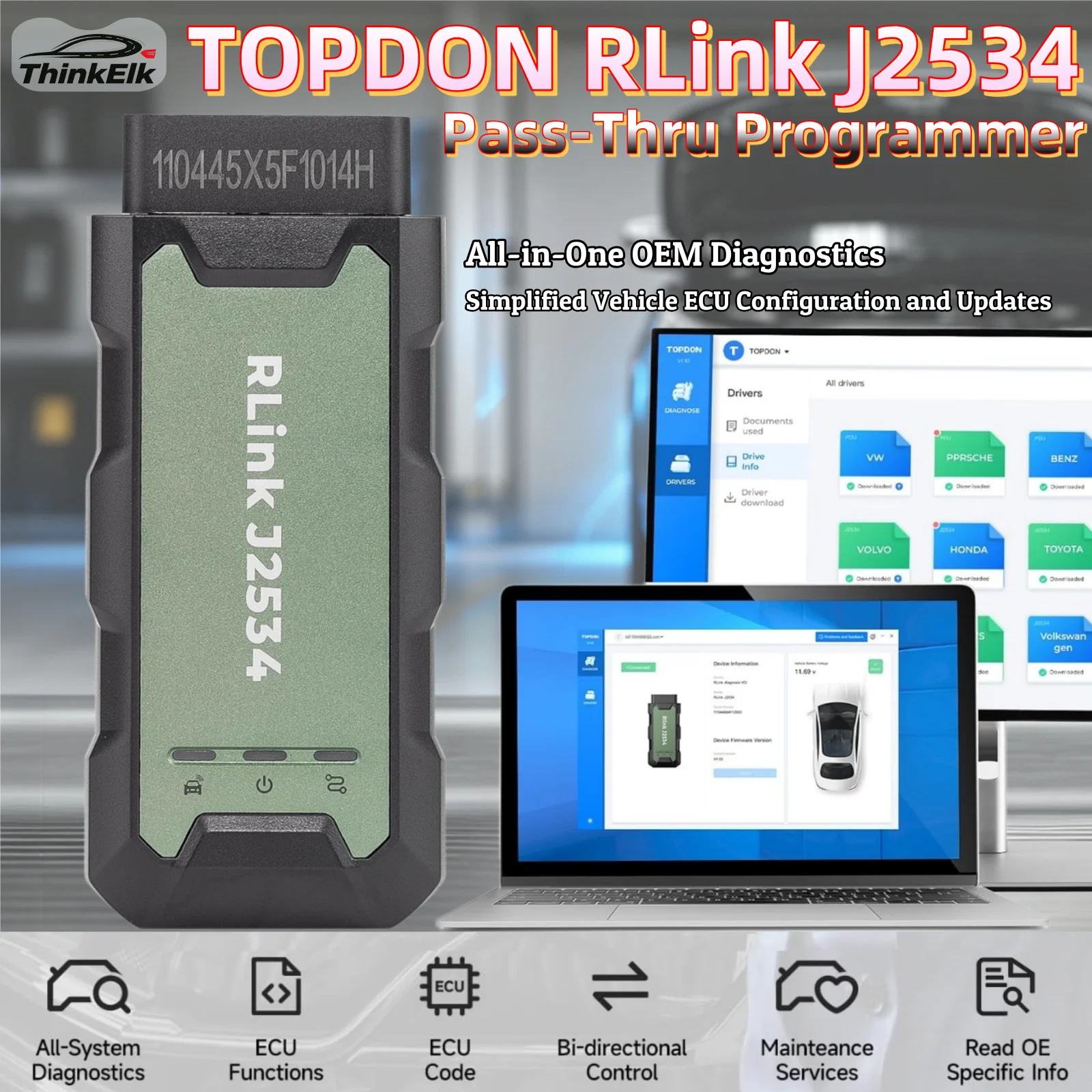 TOPDON RLink J2534 Pass-Thru Programmer All-in-One OEM Diagnostics Support CAN FD DoIP Protocol for GM/Ford/BMW/VW 13+ Brands
