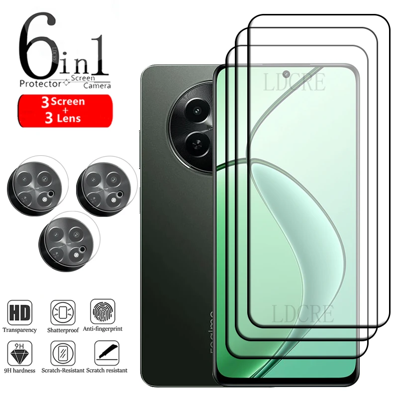 

6-in-1 For OPPO Realme 12X Glass For Realme 12X Tempered Glass Full Glue HD 9H Screen Protector Realme 12X Realme12 X Lens Glass