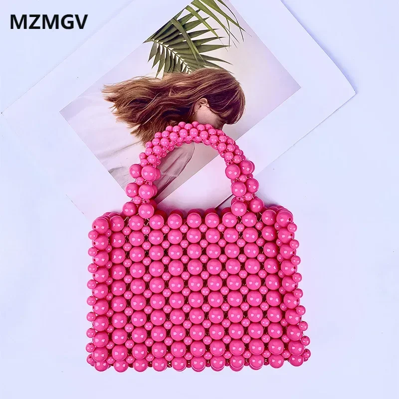 

Sweet Girls Rose Red Acrylic Beaded Handbag High Quality Handmade Beaded Weaving Candy Colored Mini Square Tote Bag Sac A Main
