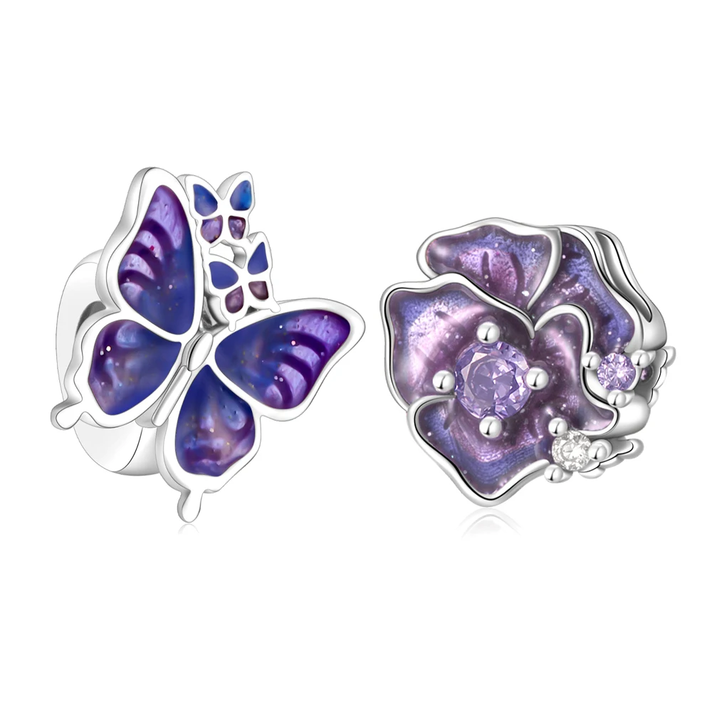 

New Purple Bead Flower Butterfly Dangle Charm Fit Original Pan Bracelet Necklace DIY Women Summer Jewelry Birthday Gifts