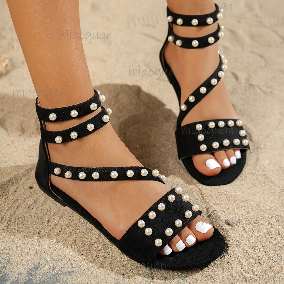 Roma Pearl Woman Flats Sandals Fashion Unique Summer Slingbacks Zippers Round Toe Ladies Footwears Casual Vacation Femme Shoes