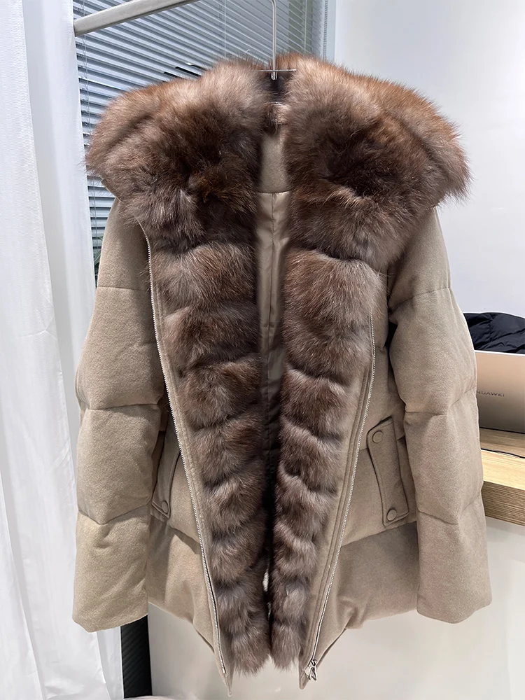 

Fashion Women Winter Warm Puffer Jackets Goose Down Jacket Real Fox Fur Collar Cashmere Wool Jackets Thick Female Outwear