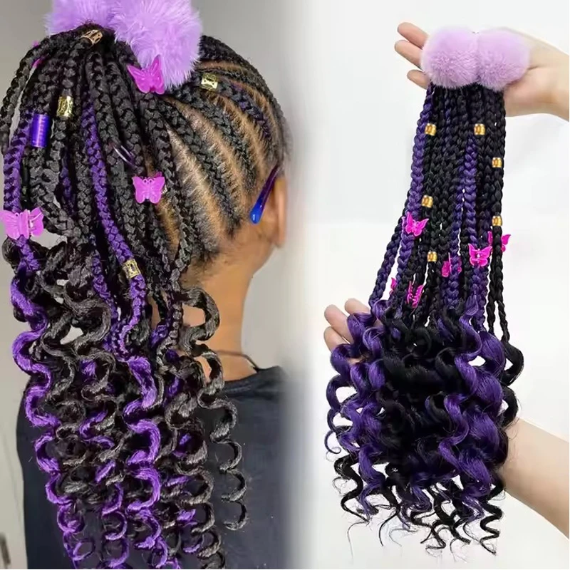 

New Style 14inch Kids Braided Ponytail Box Braids Curly Ends Customized Kids Ponytail with Fuzzy Ball and Butterfly Clips