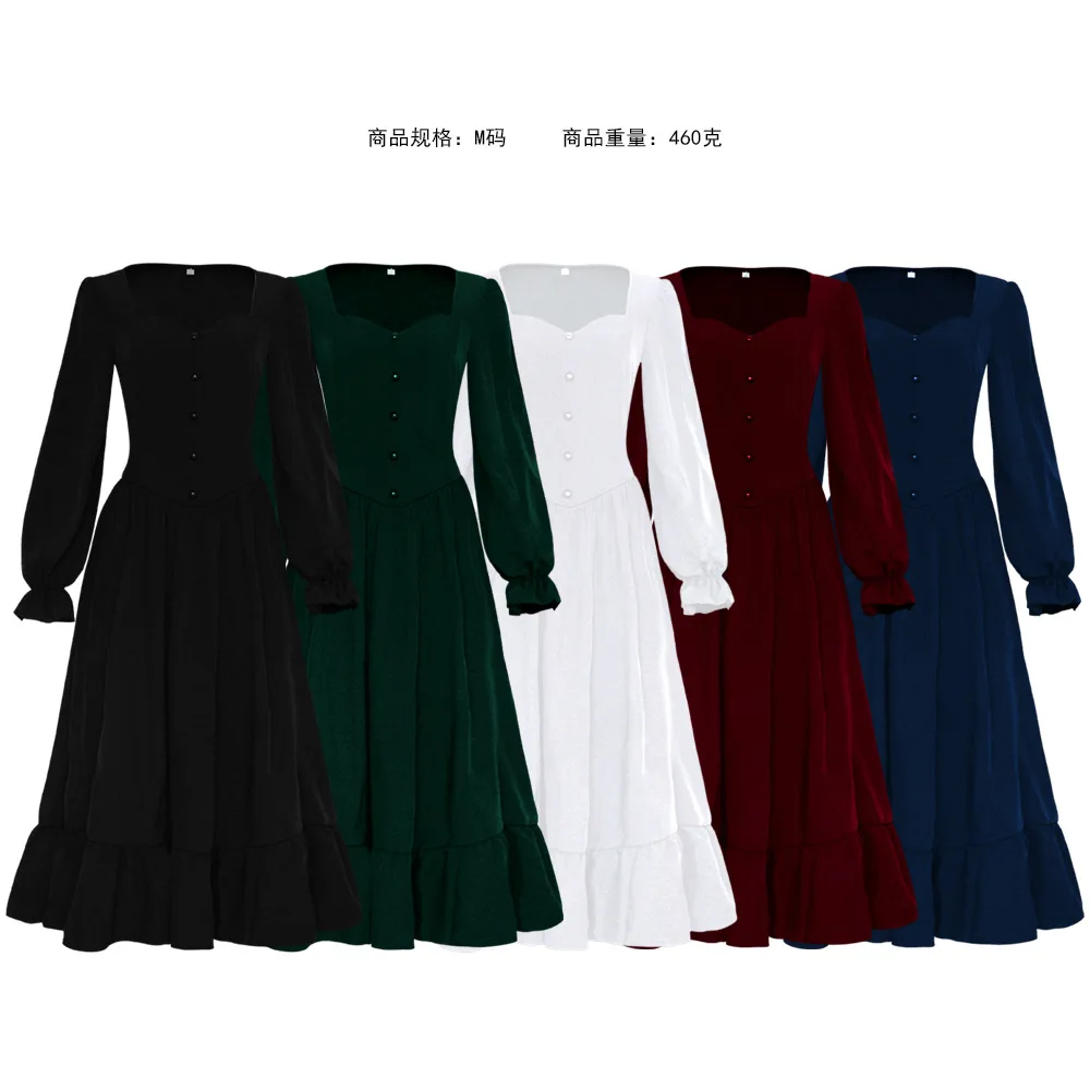 Women Medieval Victorian Retro Dress Square Collar Long Sleeves High Waist French Apparel Brown Blue Temperament Long Dress