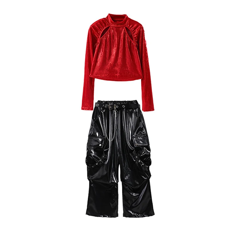 Kids Street Dance Clothing Girls Hip Hop Outfits Red Tops Black Pants Jazz Performance Clothes Group Competition Wear