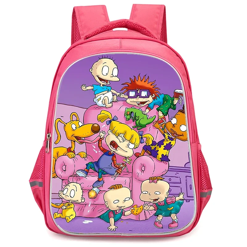 Sac à dos scolaire avec double poche à fermeture éclair pour filles, sacs d'école R-Rugrats de dessin animé rose, sacs durables pour enfants de 16 pouces pour élèves