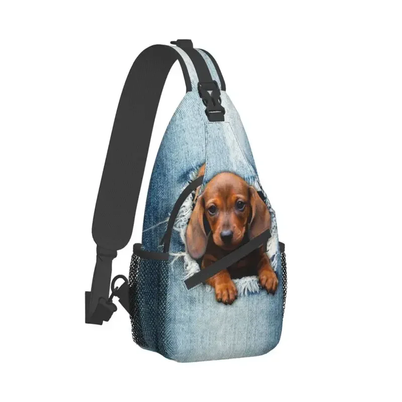 Dachshund Dog Torn Jean Sling Crossbody Chest Bag Men Fashion Wiener Badger Sausage Dog Shoulder Backpack for Traveling