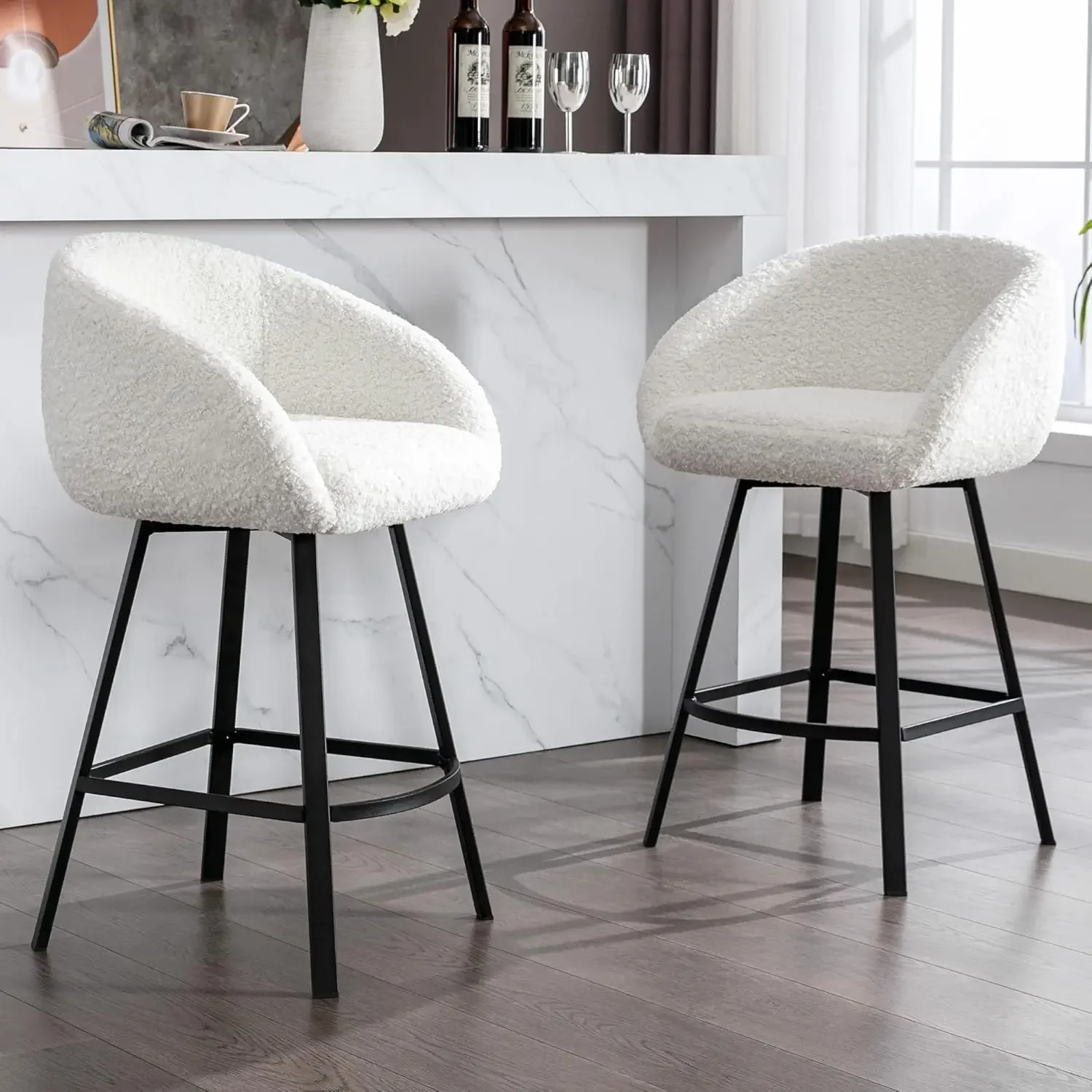 

26'' Modern Counter Height Bar Stools Chairs Set of 2 360 Free Swivel Barstools for Kitchen Counter Upholstered Sherpa Counter