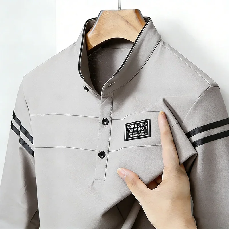 Men's Long Sleeve Stand Collar Polo Shirt Casual Button Placket Top with Stripe Details Trendy Daily Wear Soft Fabric