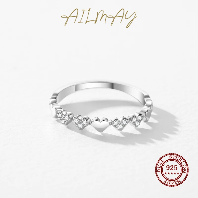 Ailmay Real 925 Sterling Silver Hearts Fashion Shiny CZ Finger Ring For Women Romantic Valentine's Day Sterling Silver Jewelry