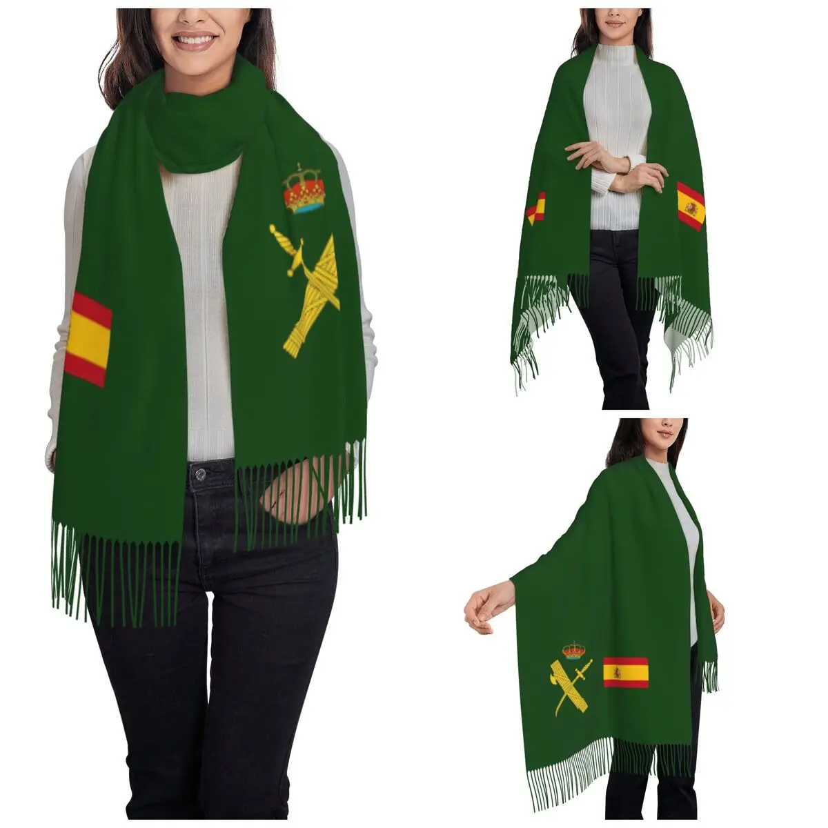 Flag Of Spain Plus Emblem Civil Guard Scarf for Womens Warm Winter Pashmina Shawls and Wrap Spanish Large Shawl Scarf Ladies