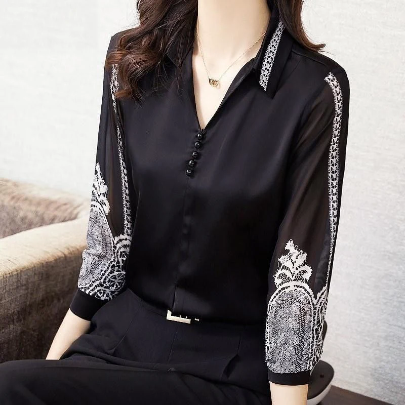 Elegant Chic Beaded Luxury Design Print Office Lady Commute Button Up Shirt Spring Autumn Women V Neck Long Sleeve Tops Blouses