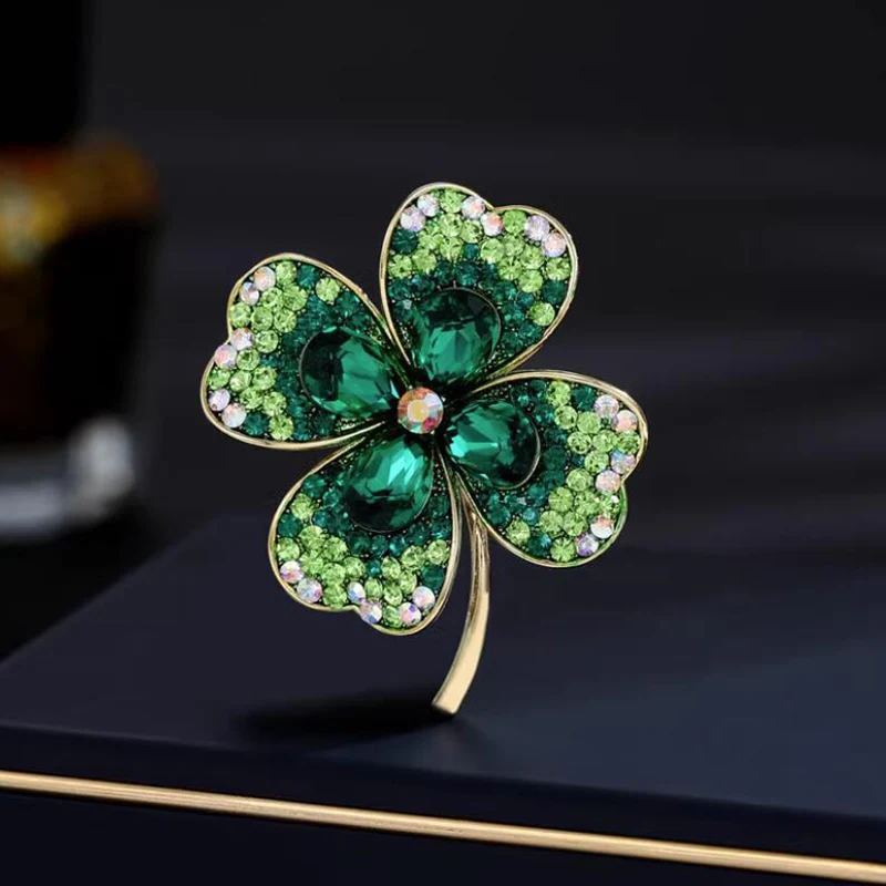 Fashion Four Leaf  Clover Brooches For Women Crystal Rhinestone Plant Flower Lapel Pin Fixed Clothing Accessories Corsage