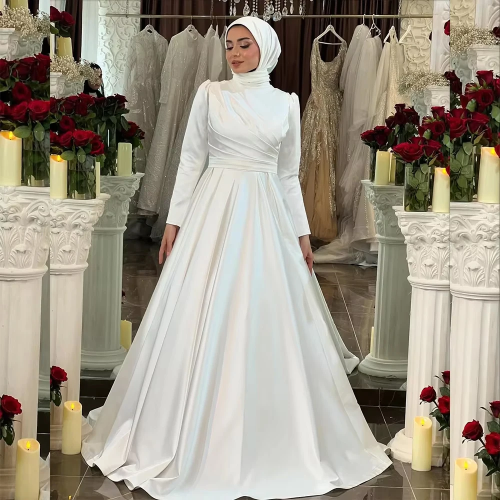 

Muslim Wedding Dresses High Neck Long Sleeve Bride Dress A Line/Mermaid White Satin Bridal Gown Customized vestidos de novia