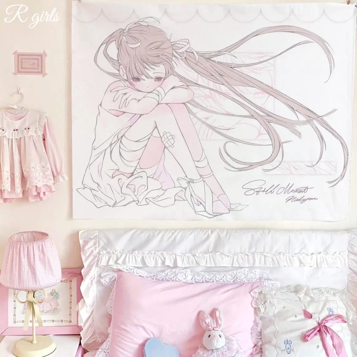 VIKAMA Soft Pink Anime Ballerina Girl Tapestry Minimalist Sketch Wall Hanging for Pastel Bedroom