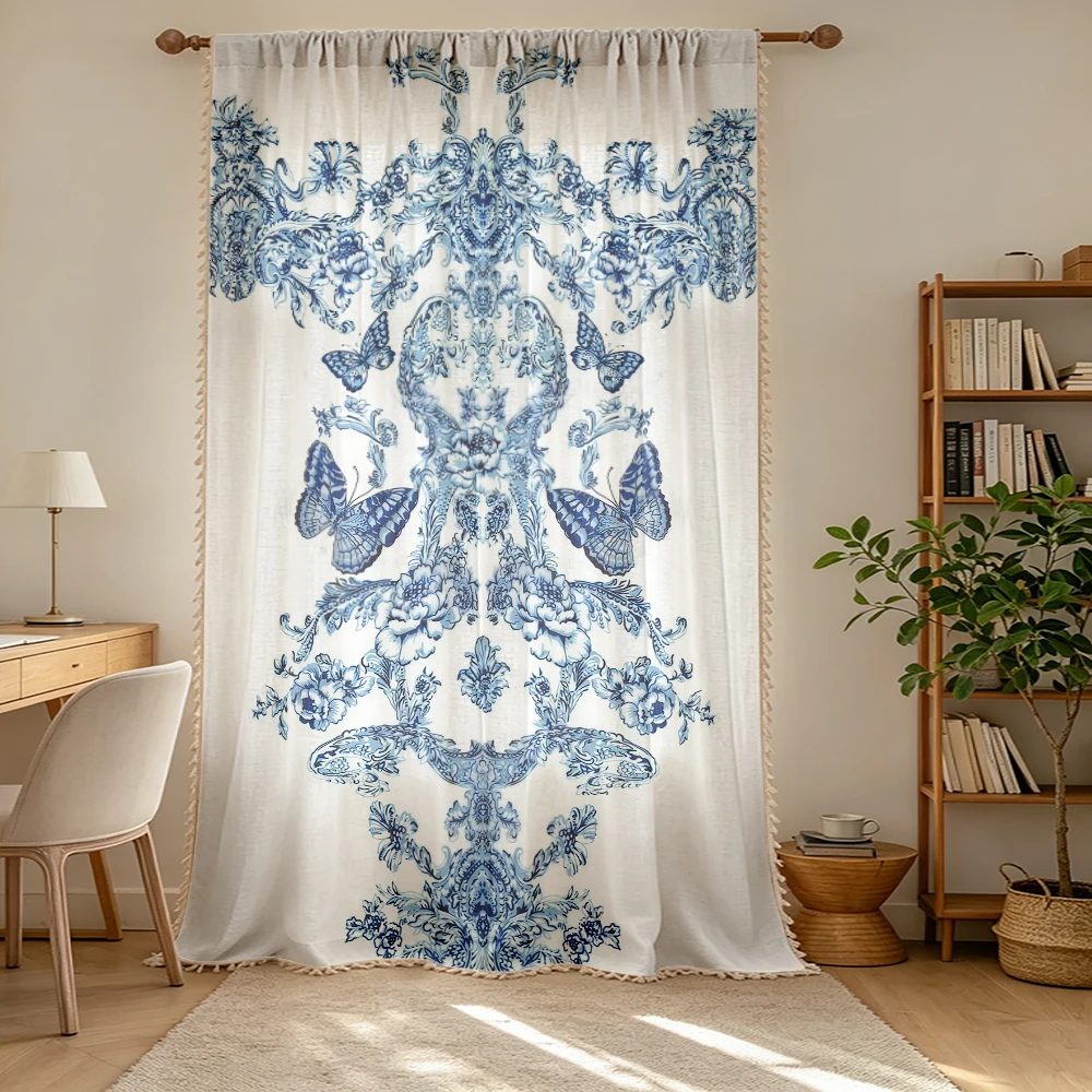 1PC Vintage Tassel Sheer Curtains, Blue Butterfly Floral, Digital Print, Polyester, Bedroom Living Room, Rod Pocket, Home Decor