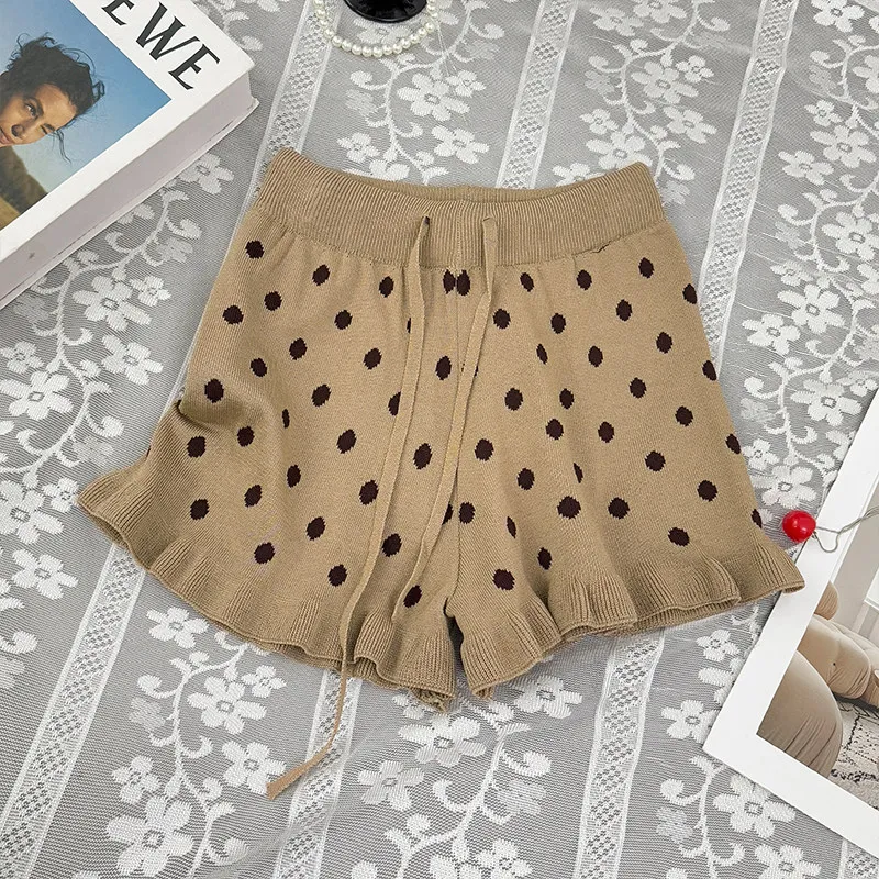 Korean style color blocking polka dot drawstring lace-up knit wide leg shorts women elastic high waisted A-line casual pants
