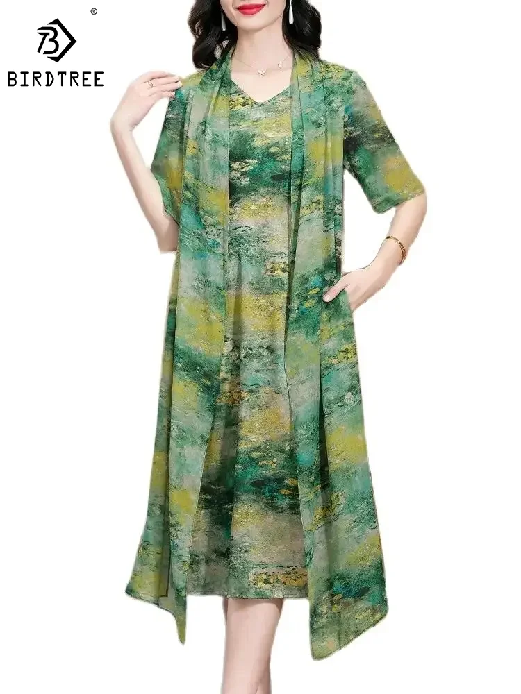 BirdTree 92% Mulberry Silk Women Dresses, Flower Print Short Sleeve, Loose Elegant Silky Dress, 2024 Spring Summer New D42250QM