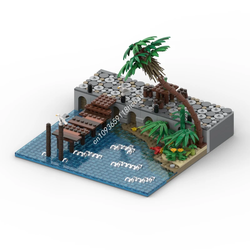 878 Uds. MOC Puerto salvaje piedra muelle tablones puente piratas modelo bloques de construcción DIY juguetes arquitectura de cumpleaños regalos de navidad