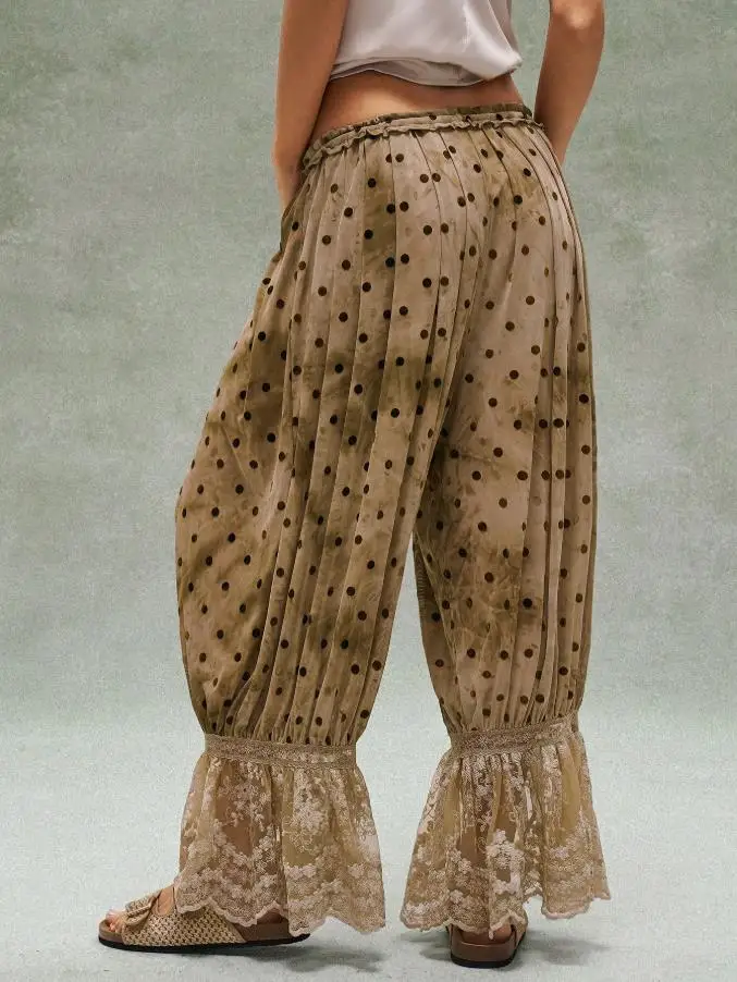 Women's Spring Summer Drawstring Hem Bloomers Pants High Waist Lace Patchwork Hem Wide Leg Trousers