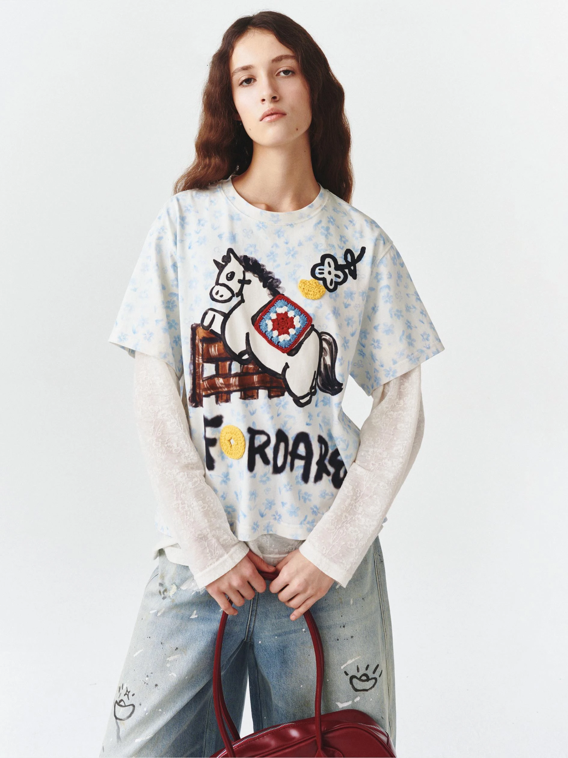 

New fiti Feel 26 New Year Sle Fake Two-Piece T-irt Women's Casual Cotton Long Sve round Ne Stand Fit Daily Wear