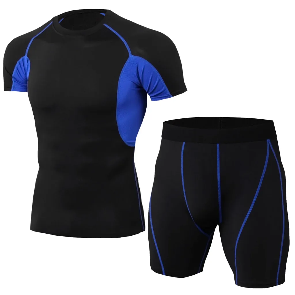 

Men'S Suit Black Blue Splicing Sports Suit Men Tight Suit Fitness Training Quick-Drying Competition Professional Fitness Sets