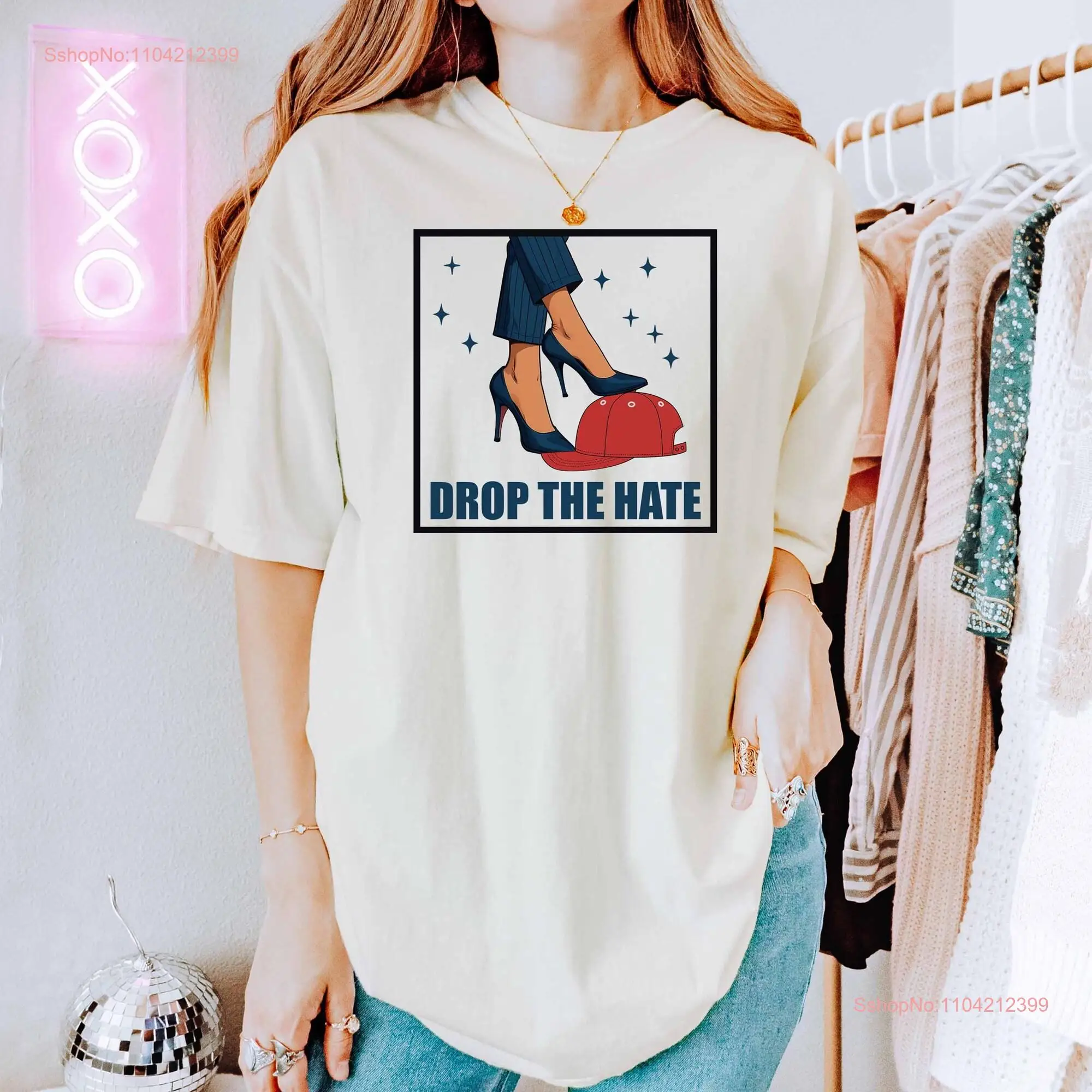 Kamala Harris High Heel Stepping On Red Maga HaT T Shirt Drop The Hate 2024 Anti Trump Election long or short sleeves