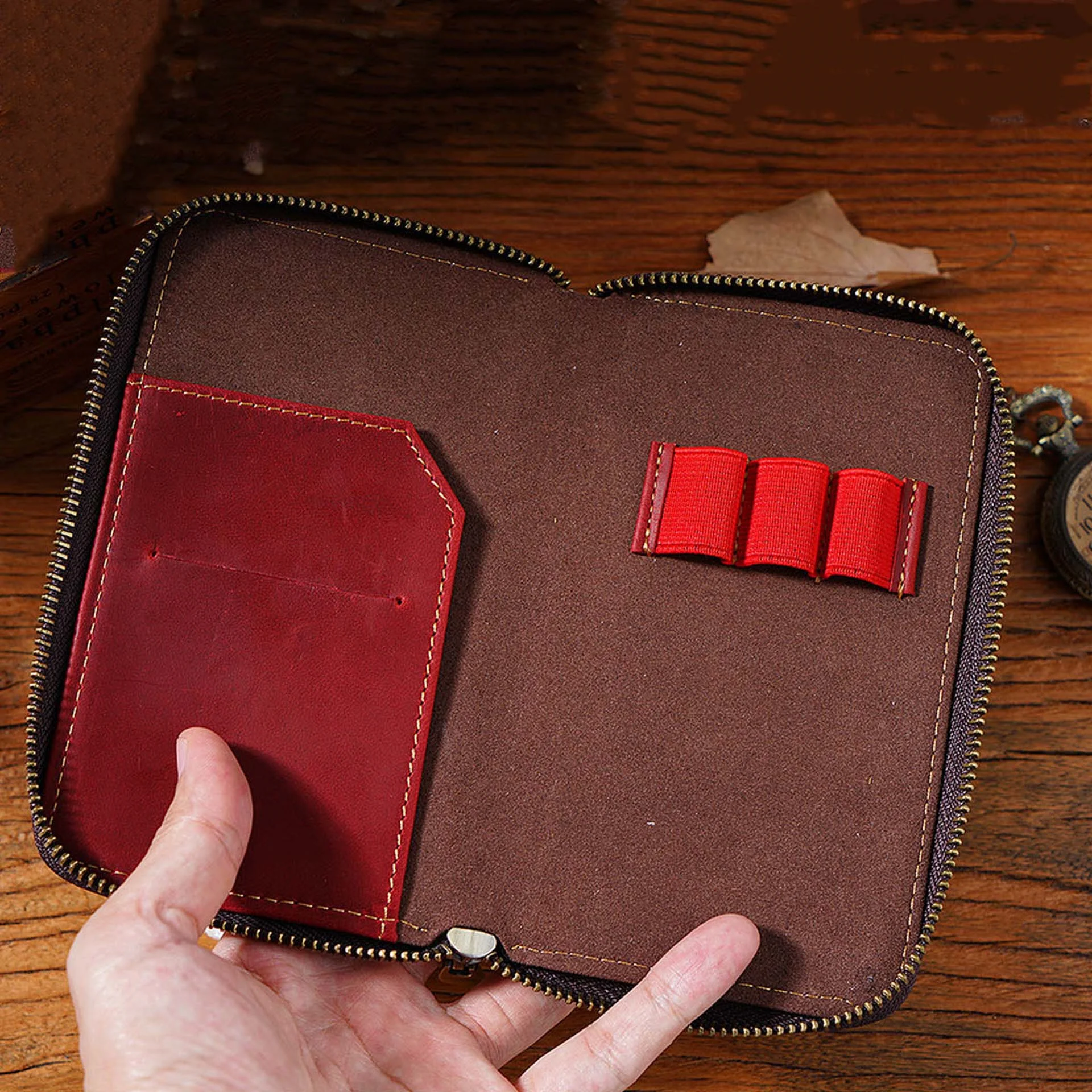 Three Pack Crazy Horse Cowhide Zipper Pen Case Pen Case Large Capacity Card Storage Bag Stationery Case