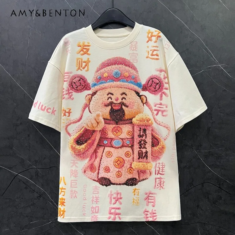 

Тяжелая промышленность, новая утолщенная футболка со стразами в национальном стиле, пуловер, женский пуловер Y2k, свободная повседневная новогодняя футболка с короткими рукавами