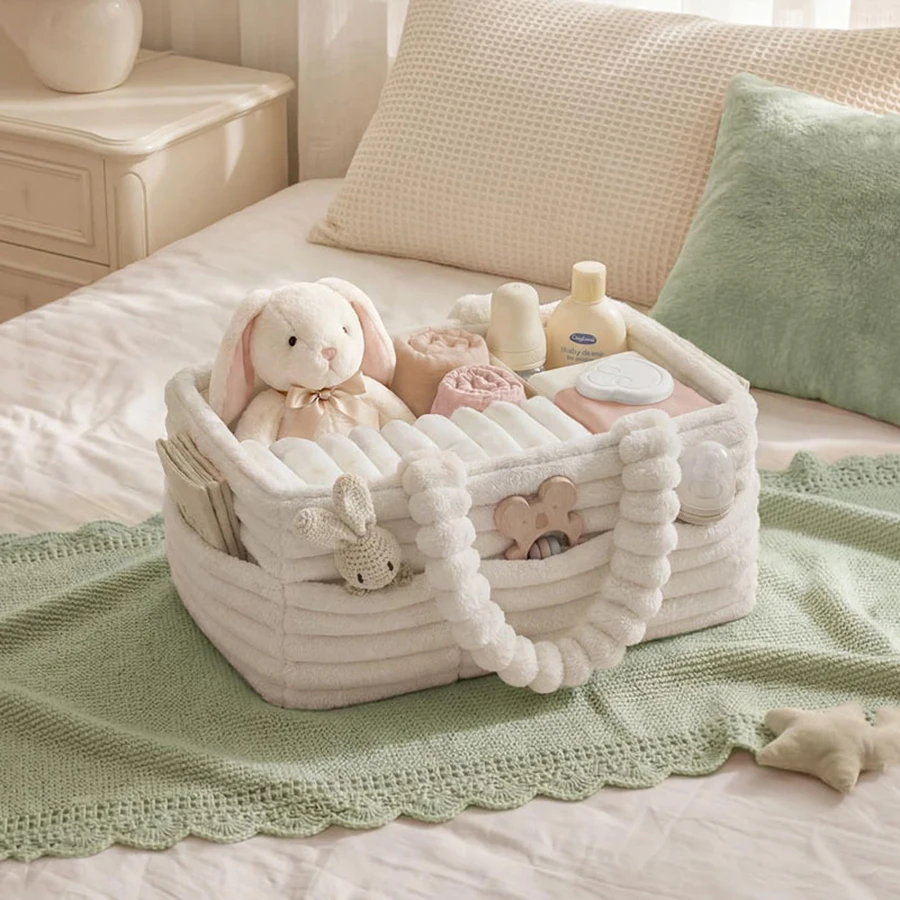 Portable Flannel Diaper Caddy Storage Basket Large Capacity Multi Pockets Baby Nappy Organizer Bag For Nursery Travel