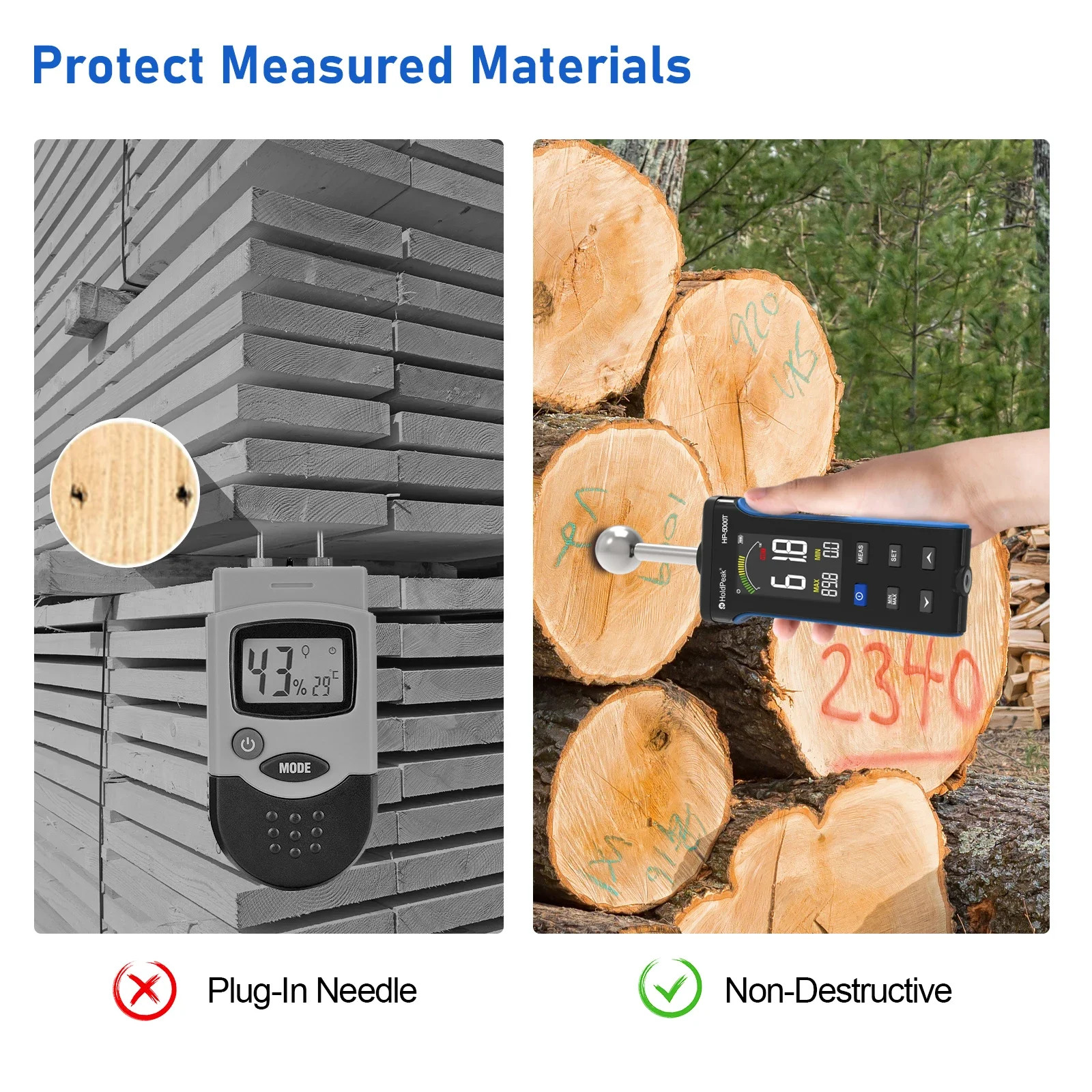 Hoporise HP-5000T Non-Contact Wood Moisture Meter 20-40 mm Measuring Depth Supports Type-C port charging Moisture Content Tester