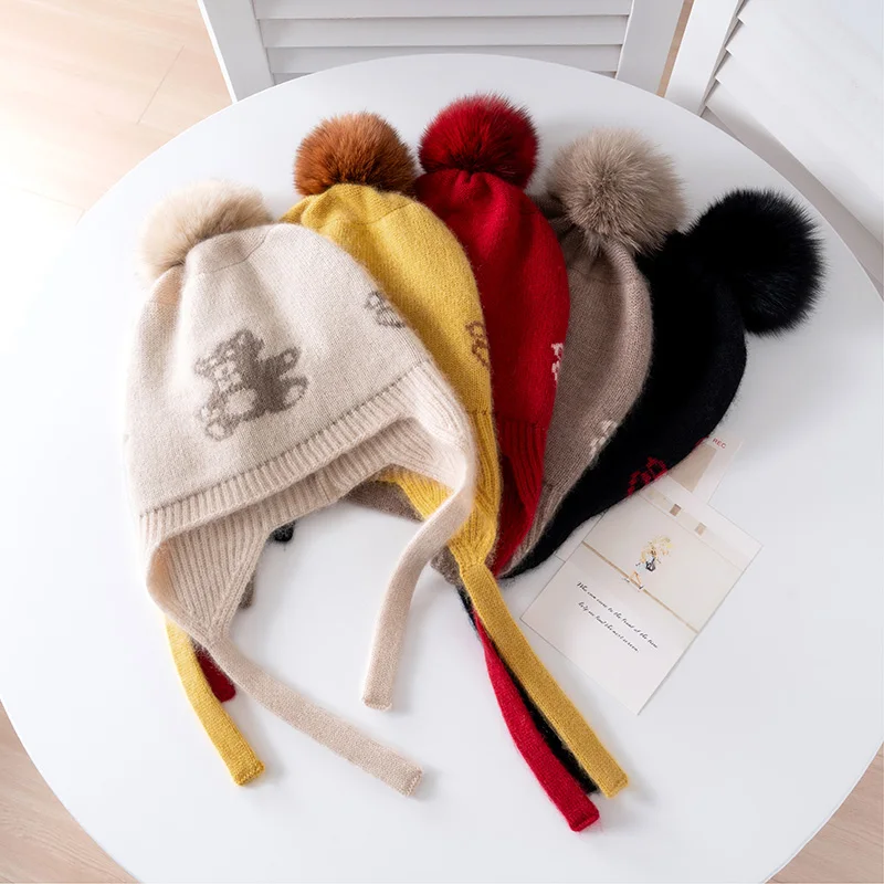 Autumn Winter Children's Outdoor Ear Protection Knitted Hat 100% Pure Cashmere Overhead Cap for Kids