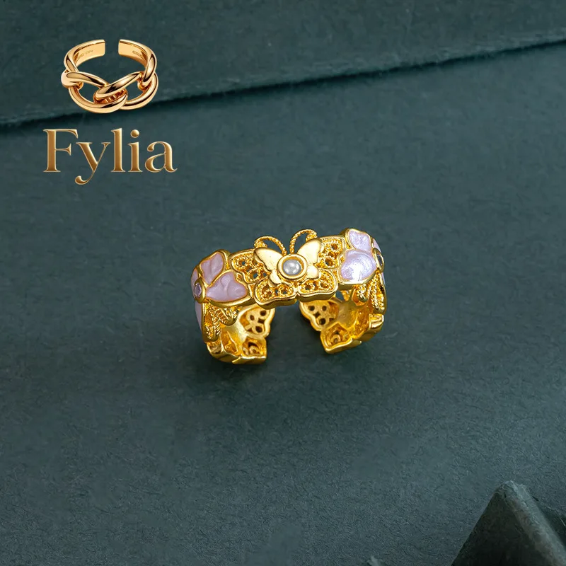 Fylia Jewelry   9999 24K  gold fire-fighting butterfly girl three-piece set hollow inlaid pink shell necklace ring light luxury