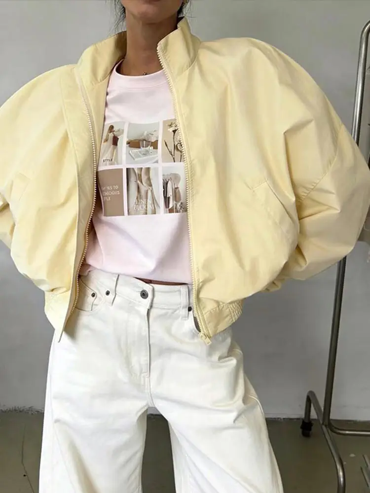Damenjacken mit Stehkragen, Langarm, Oversize Kurzmäntel, Street-Style mit Laternenärmeln, Gerüschter Loser Mantel, Schicke Neue Oberbekleidung – Detail 8
