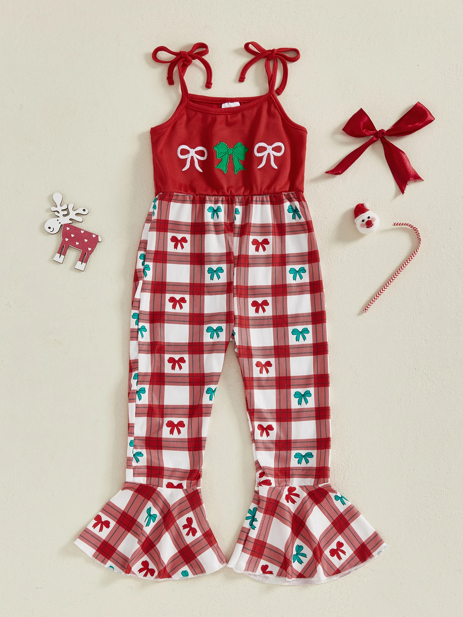 

Toddler Christmas Romper Adorable Sleeveless Jumpsuit with Bow Print and Plaid Embroidery for Baby Girl Casual Outfit