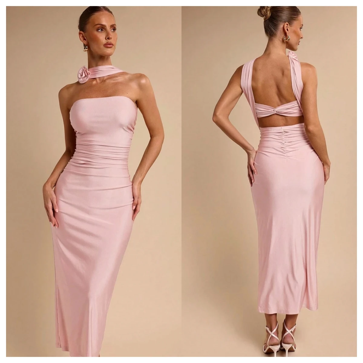 

Customized Fashion Pink Jersey Evening Dress Halter Sleeveless Bespoke Occasion Gowns Homecoming Dress Flowers Temperament