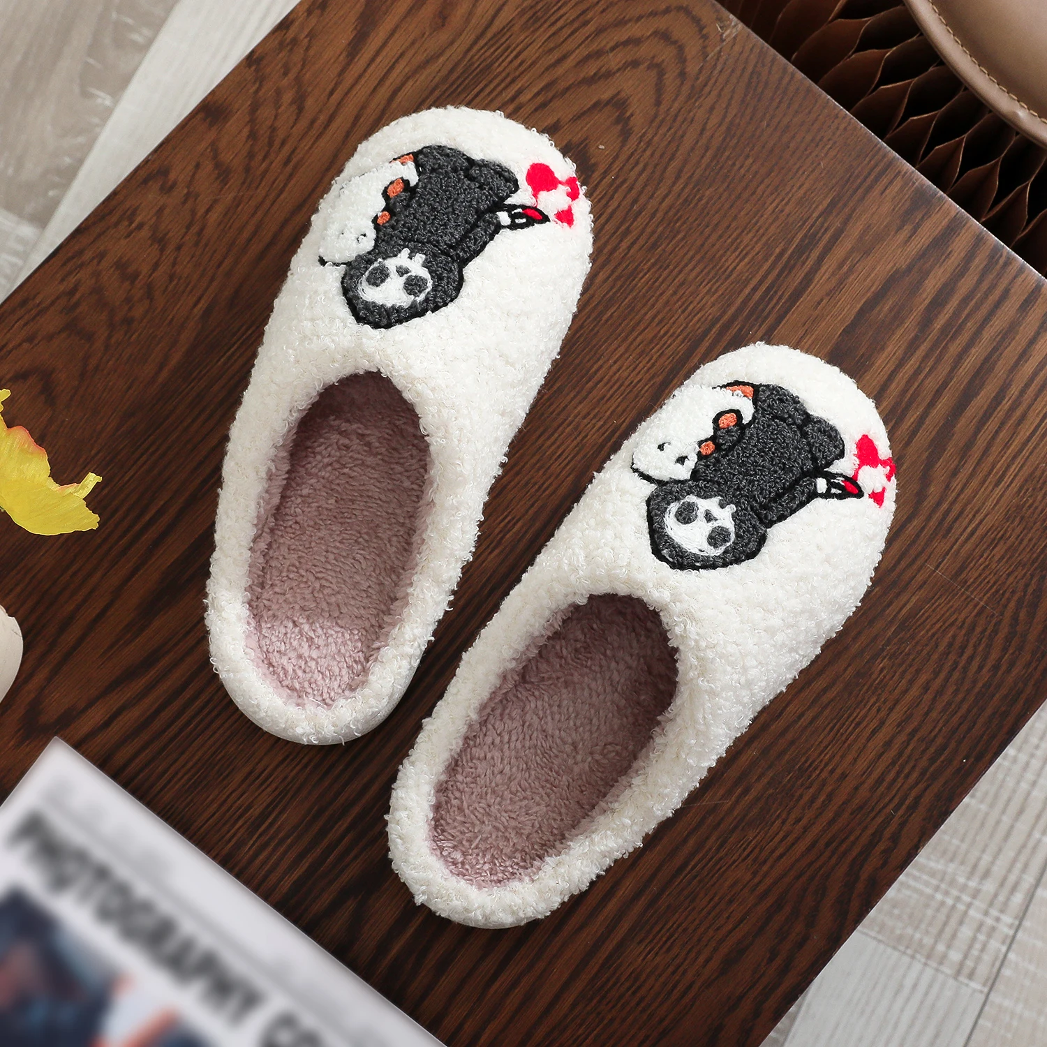 Skull Ghost Pattern Personality Dark Style Embroidery stuffed Home Platform Cozy Fur Cotton Slippers Warm Non-slip Indoor Slippers Men Women